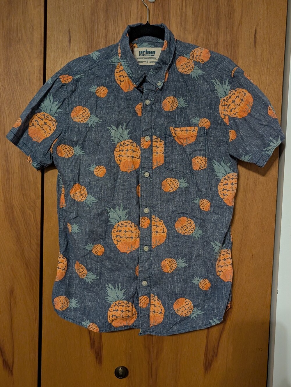 urban pipeline Navy Short-Sleeve Button-Up Shirt  Orange Pineapple Print Size M